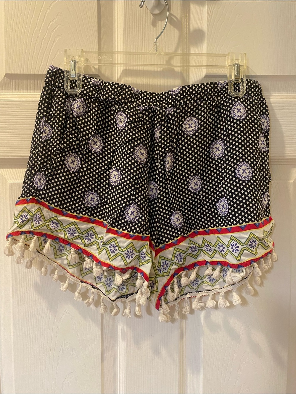 Umgee Black Printed High-Waist Shorts with Tassel Trim